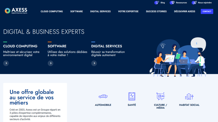 Axess website showing digital and business expertise in cloud computing, software, and digital services with sector icons