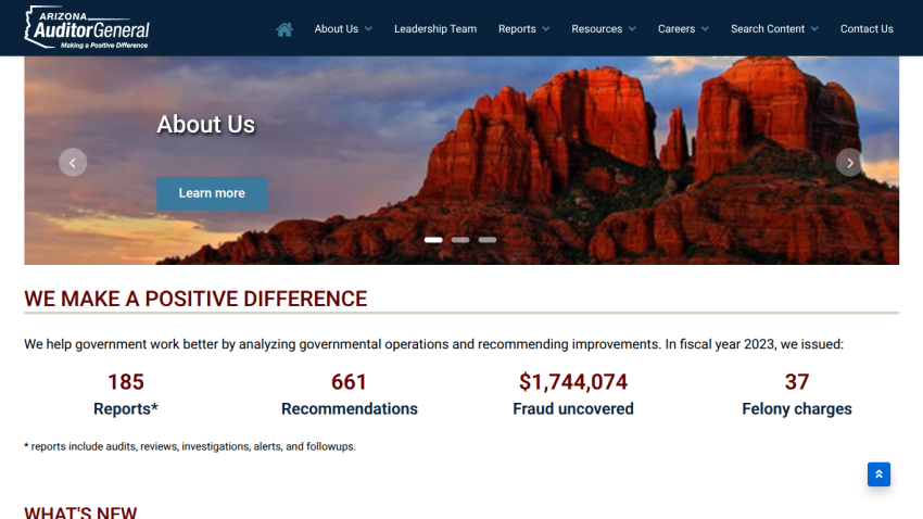 Arizona Auditor General website showing About Us section, key statistics on reports, recommendations, fraud uncovered, and felony charges.