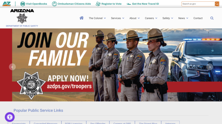 Arizona Department of Public Safety recruitment banner with officers and a call to action to apply.