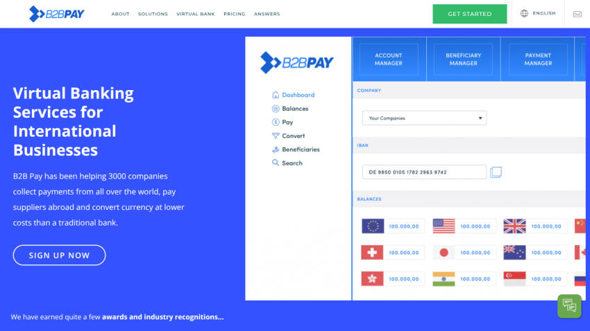 Virtual banking services for international businesses with a dashboard overview and sign-up option.