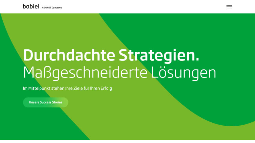 Website header with green background, featuring the text 'Durchdachte Strategien. Maßgeschneiderte Lösungen.'
