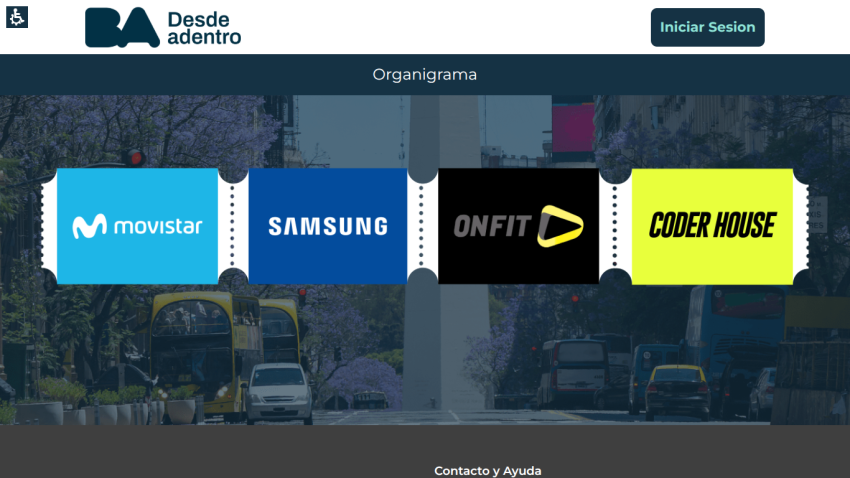 Website header with logos of Movistar, Samsung, Onfit, and Coder House over a city street background