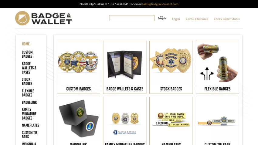 Badge & Wallet website homepage with product categories including custom badges, badge wallets, stock badges, flexible badges, and more