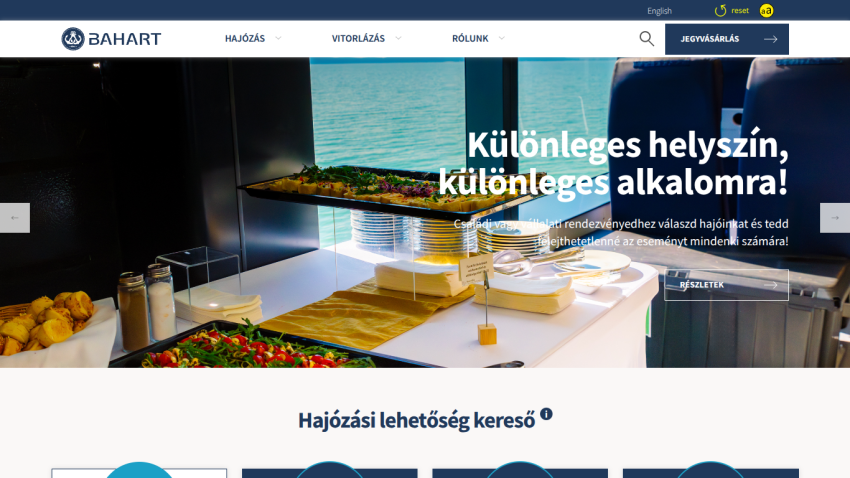 Bahart website with a buffet table on a boat and text about special event locations and options for family or corporate events