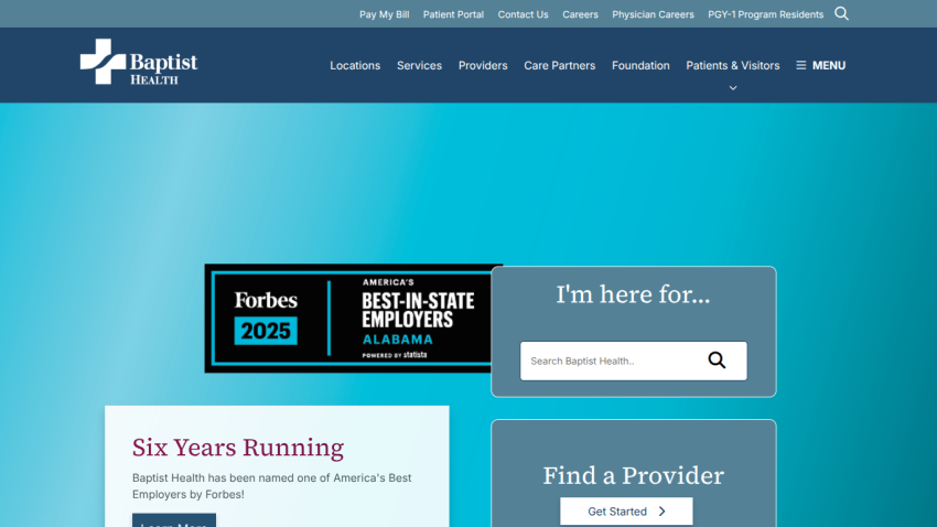 Baptist Health homepage with Forbes 2025 Best-in-State Employers Alabama badge, search bar, and Find a Provider button