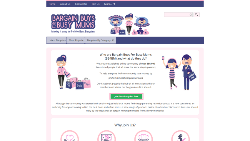 Homepage of Bargain Buys for Busy Mums featuring a welcoming message and navigation options.