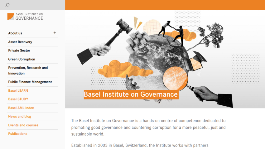 Basel Institute on Governance homepage with navigation menu and hero section featuring governance-related imagery and introductory text