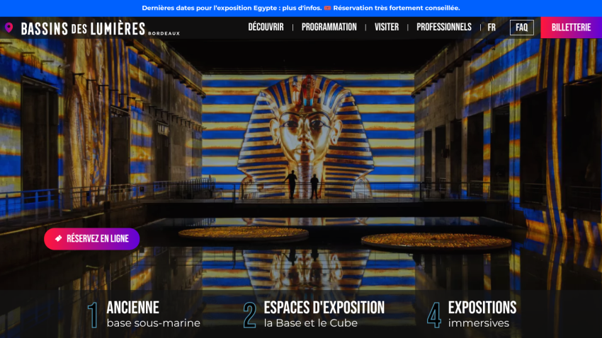 Bassins des Lumières Bordeaux website with Egyptian exhibition promotion and navigation menu