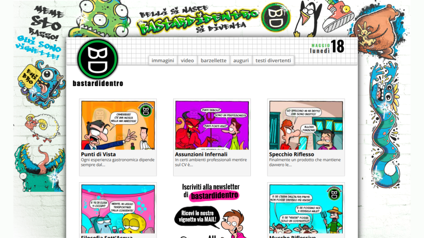 Homepage featuring various comic strips and articles with vibrant illustrations.