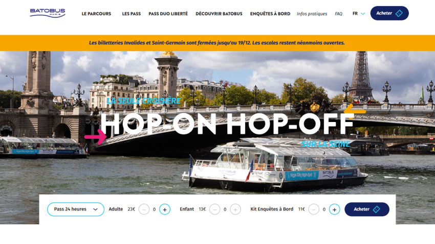 Hop-on hop-off Seine river cruise ticket options with Paris cityscape and Eiffel Tower in background