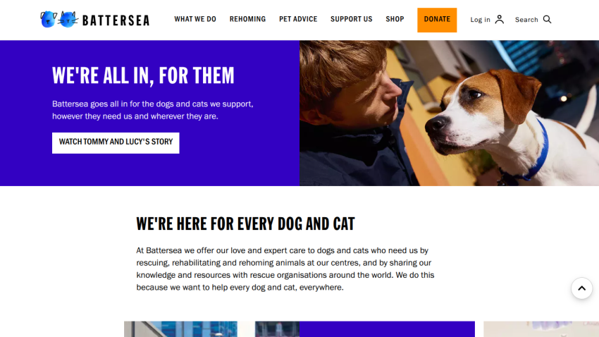 Battersea's homepage featuring a dog and a person, with a call to action to watch a story.