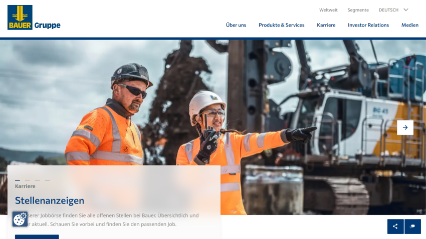 Bauer Gruppe careers page showing job listings with workers in safety gear and construction machinery background