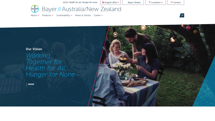 Bayer Australia/New Zealand website with navigation and hero section promoting health and hunger vision