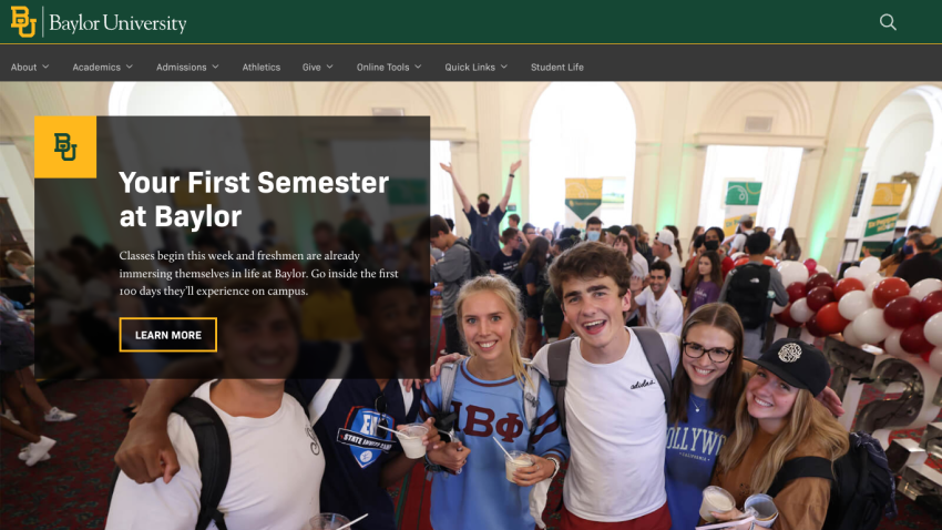 Baylor University homepage featuring students and a welcome message about the first semester.