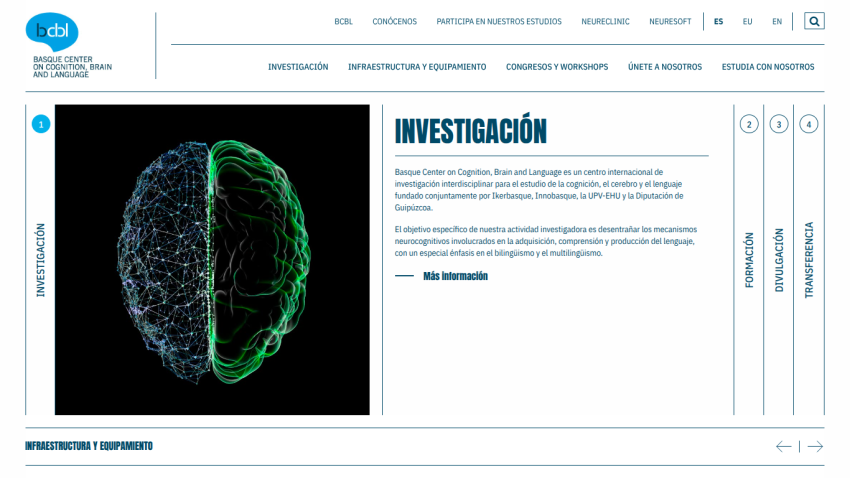 Basque Center on Cognition, Brain and Language research section with brain image and description in Spanish