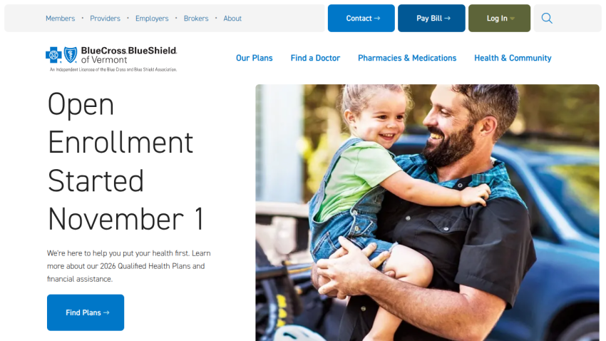 BlueCross BlueShield Vermont open enrollment announcement with navigation and call to action