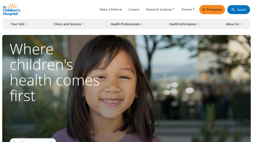 BC Children's Hospital homepage with navigation and slogan 'Where children's health comes first' over smiling child image.