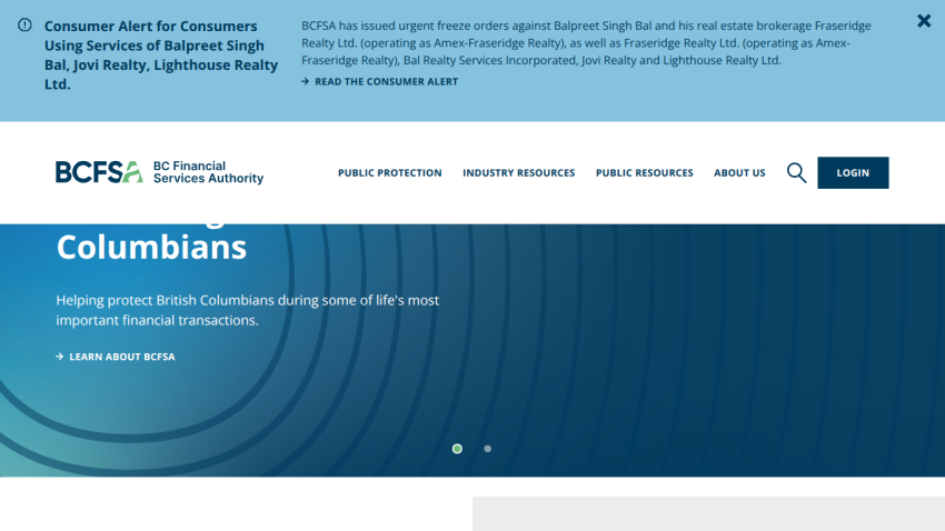 BC Financial Services Authority homepage with alert banner, navigation menu, and hero text about protecting British Columbians in financial transactions