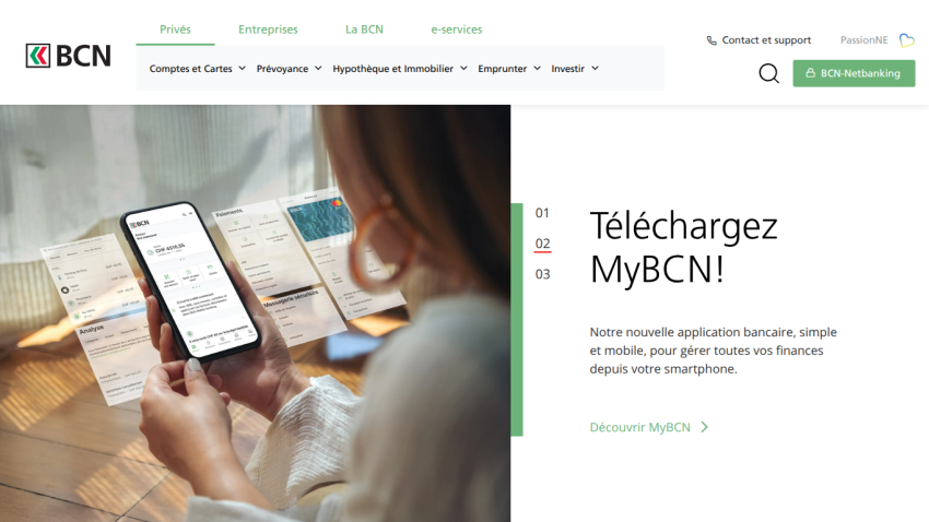 BCN banking site promoting MyBCN mobile app for managing finances with smartphone