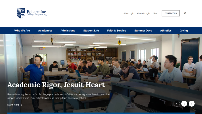 Bellarmine College Preparatory homepage with navigation and hero section featuring students in a classroom and text about academic rigor and Jesuit curriculum