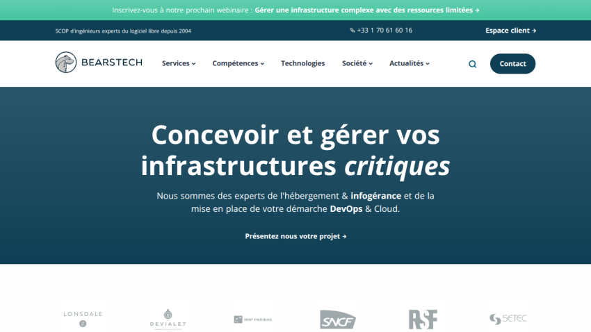 Bearstech website offering expert DevOps and cloud infrastructure management services with client logos below