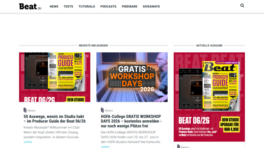 Homepage of Beat with articles and promotions for workshops and guides.