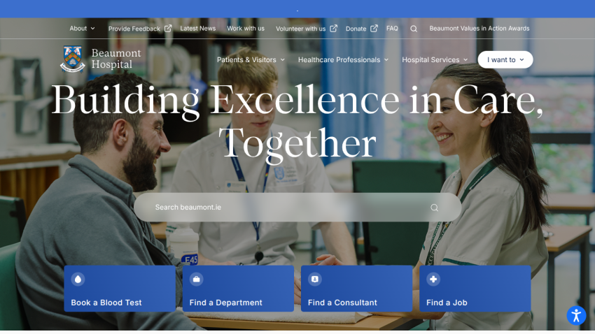 Beaumont Hospital homepage with navigation, search bar, and options to book blood test, find department, consultant, or job