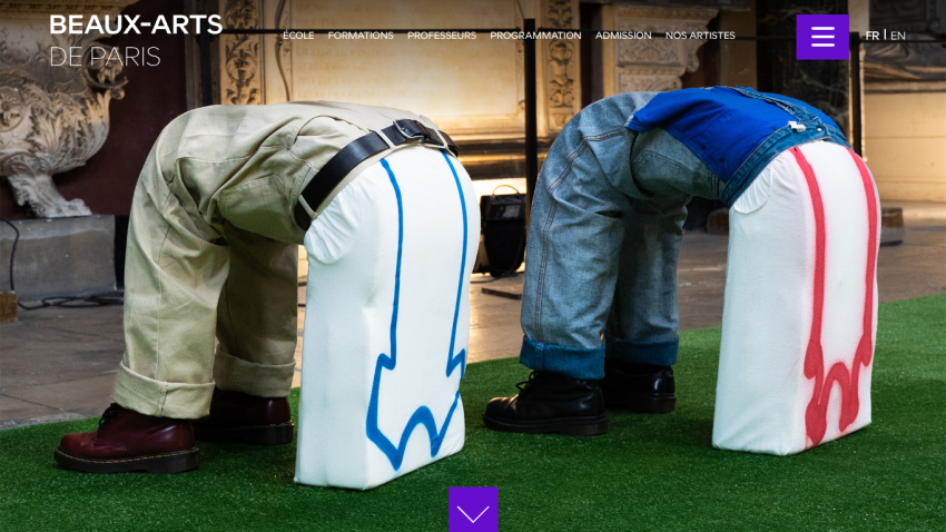 Beaux-Arts de Paris website header with navigation and artistic image of two figures bending over with painted backs