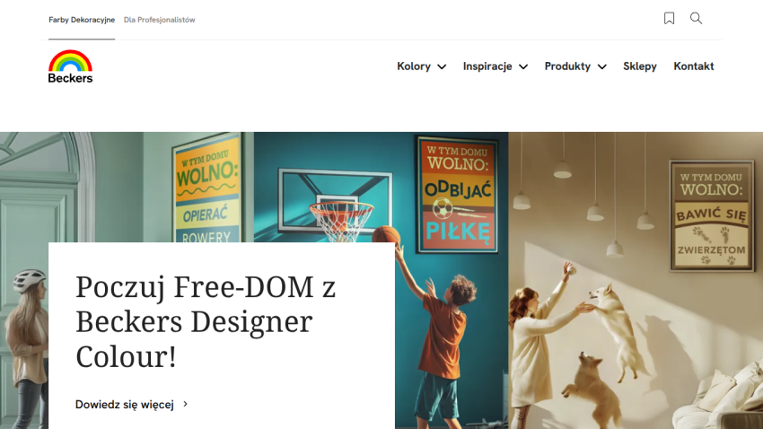 Homepage of Beckers featuring a family scene with basketball and dogs, promoting Beckers Designer Colour