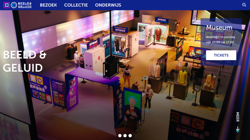 Homepage of a museum featuring exhibits with vibrant displays and a ticket button.