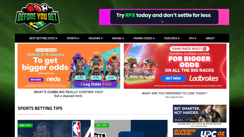 Sports betting tips website featuring promotions for bigger odds and form tools in punting, with navigation menu and responsible gambling message