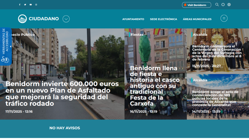Ciudadano website showing news about Benidorm's new asphalt plan, traditional Festa de la Carxofa, and local police recognition.