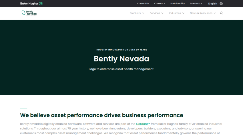 Bently Nevada homepage with tagline 'Edge to enterprise asset health management' and introductory text about asset performance