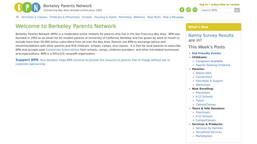 Berkeley Parents Network homepage with navigation links and welcome message about the moderated online network for Bay Area parents