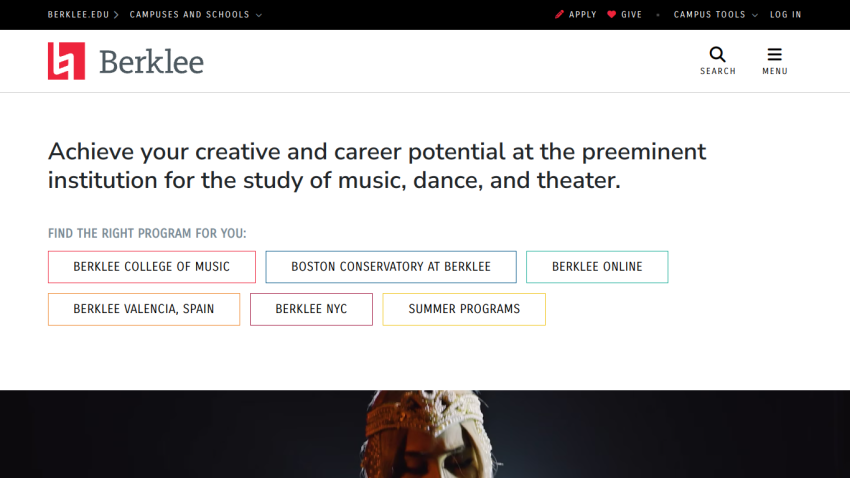 Homepage of Berklee showcasing creative potential in music, dance, and theater education.