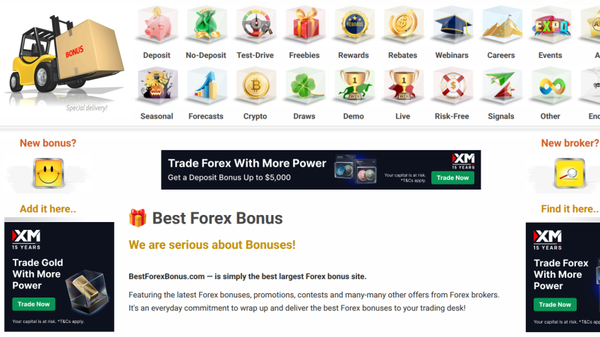 Forex bonus site homepage featuring various bonus categories and promotions with XM trading ads