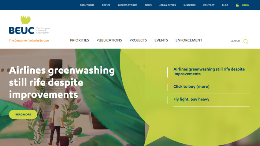 BEUC homepage featuring article on airline greenwashing with call-to-action buttons.