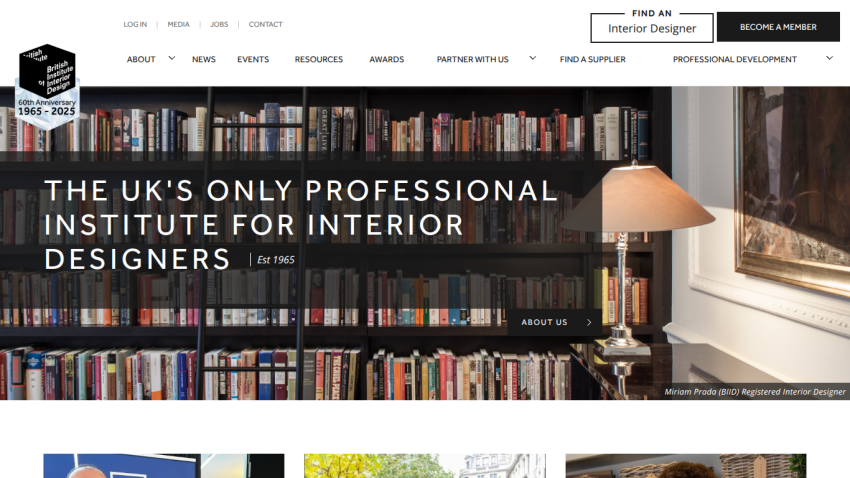 British Institute of Interior Design homepage with navigation and hero text about being the UK's only professional institute for interior designers