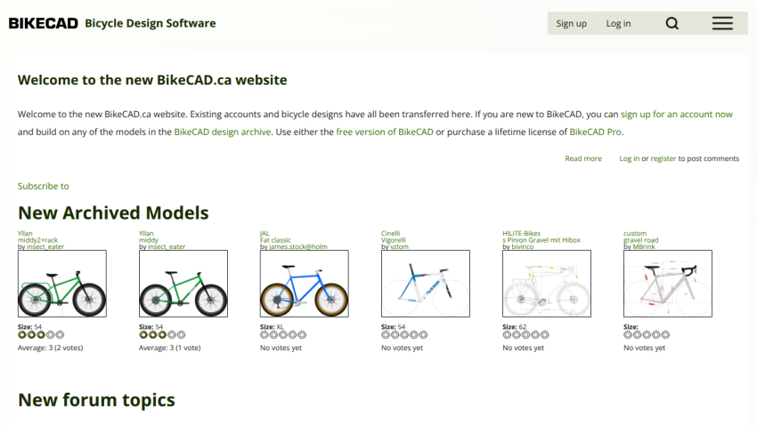 BikeCAD Bicycle Design Software homepage with welcome message, new archived bike models, and new forum topics