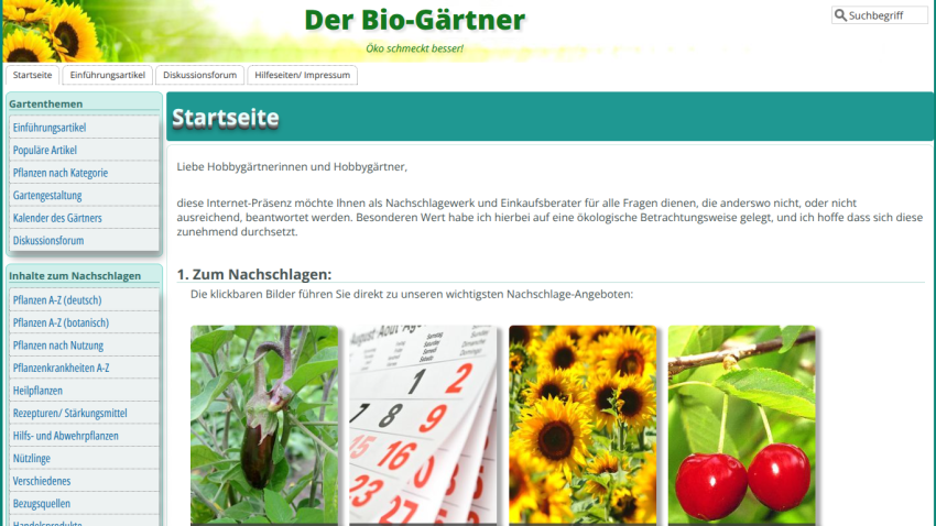 Homepage of a gardening website featuring navigation links and images of plants and flowers.