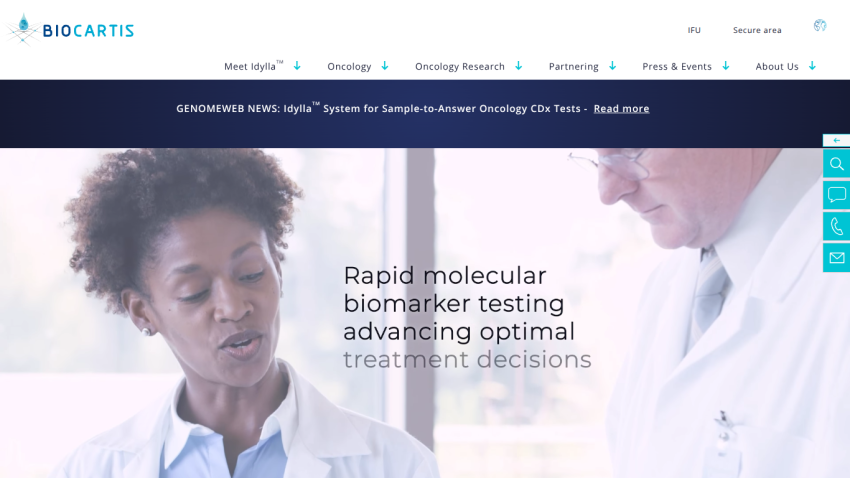 Biocartis website with navigation menu and hero text about rapid molecular biomarker testing for optimal treatment decisions