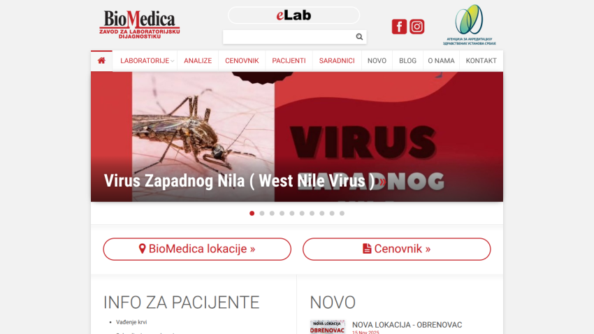 BioMedica diagnostic lab website with navigation menu and hero section about West Nile Virus