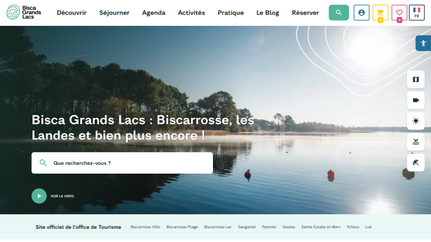 Tourism site for Bisca Grands Lacs with navigation menu, search bar, and lake view background