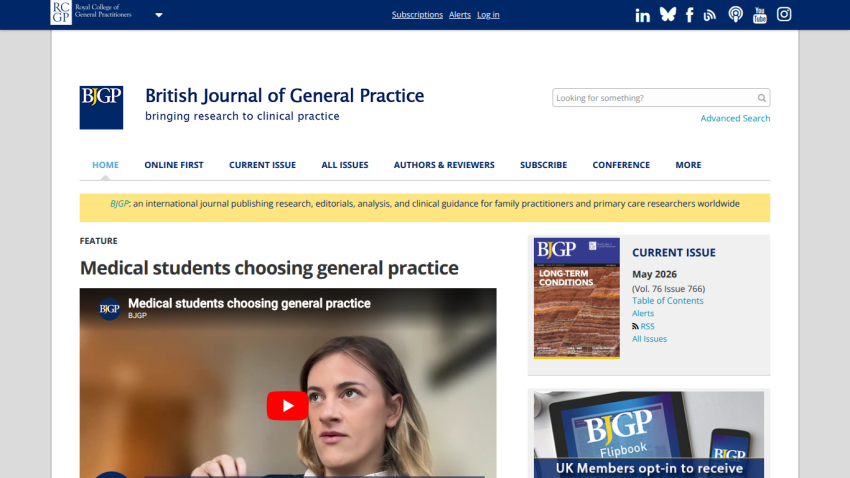 British Journal of General Practice homepage featuring a video on medical students choosing general practice.