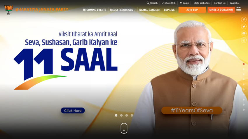Celebrating 11 years of service, governance, and welfare in India with a prominent image and message.
