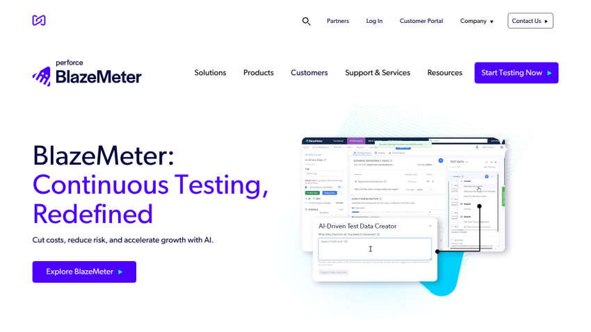 BlazeMeter homepage featuring continuous testing solutions and a call to action.