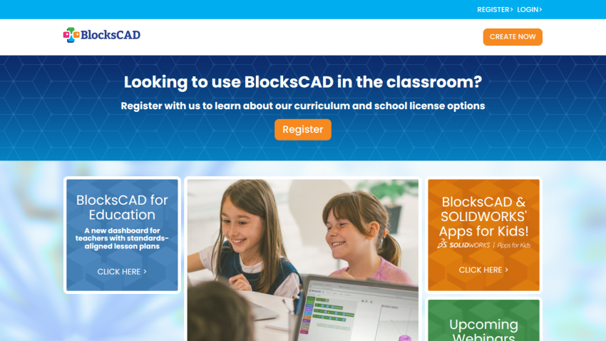 BlocksCAD education page inviting classroom use with registration and links to education resources and apps for kids