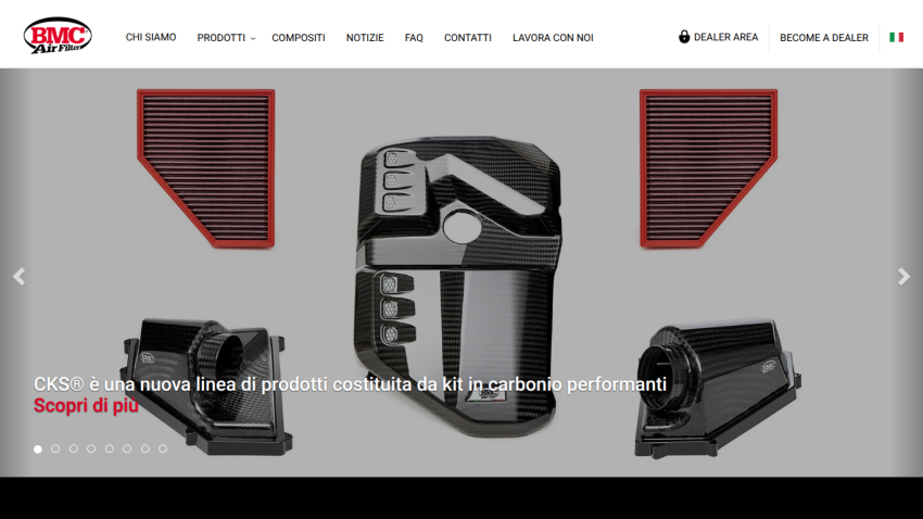 BMC Air Filter homepage with navigation menu and hero section showcasing carbon fiber product kits