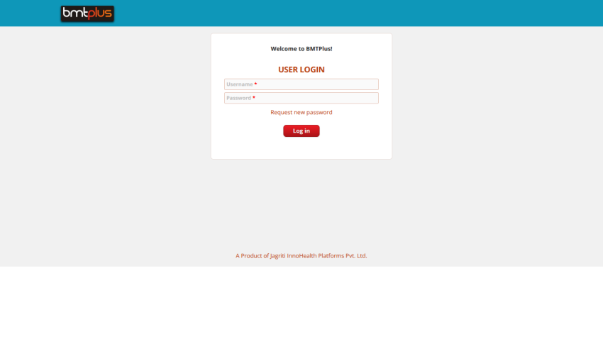 BMTPlus user login page with fields for username and password and a log in button