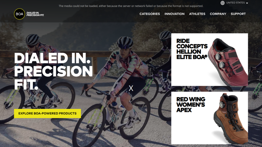 Homepage featuring cycling shoes and boots with a focus on precision fit.